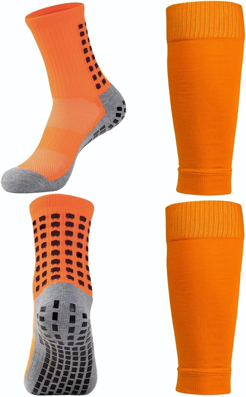 KMOLY 1 Set Kids Grip Soccer Socks and Shin Guard Sleeves for Age 7-14 Youth Boys Children Football Basketball Training - Image 1